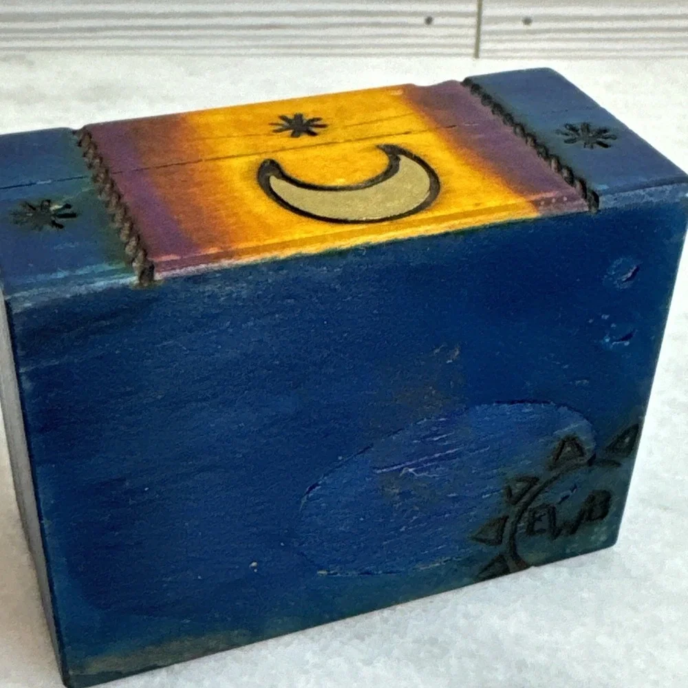 Signed EWB Trinket Jewelry Box Goddess Moon Poland Painted Wood